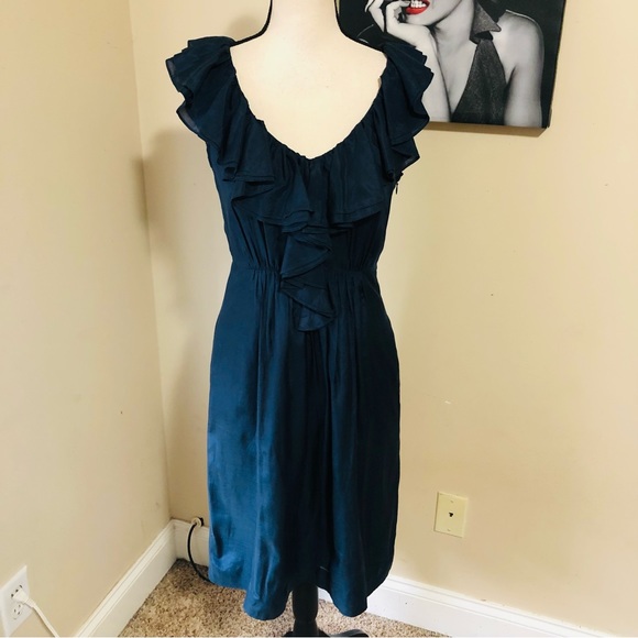 J. Crew Silk Navy Ruffled Dress Knee Length - Picture 2 of 9